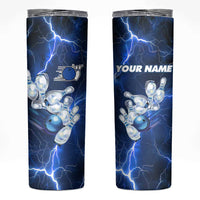 Blue Lightning Bowling Hoodie Skinny Tumbler with Striking Ball and Pins Graphic and Custom Name Design - Wonder Print Shop
