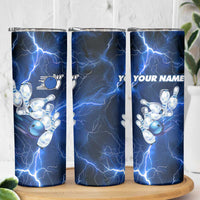 Blue Lightning Bowling Hoodie Skinny Tumbler with Striking Ball and Pins Graphic and Custom Name Design - Wonder Print Shop