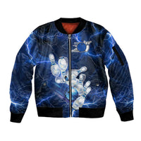 Blue Lightning Bowling Hoodie Sleeve Zip Bomber Jacket with Striking Ball and Pins Graphic and Custom Name Design - Wonder Print Shop