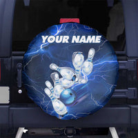 Blue Lightning Bowling Hoodie Spare Tire Cover with Striking Ball and Pins Graphic and Custom Name Design - Wonder Print Shop