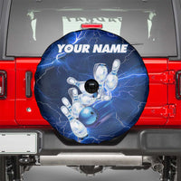 Blue Lightning Bowling Hoodie Spare Tire Cover with Striking Ball and Pins Graphic and Custom Name Design - Wonder Print Shop