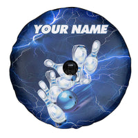 Blue Lightning Bowling Hoodie Spare Tire Cover with Striking Ball and Pins Graphic and Custom Name Design - Wonder Print Shop