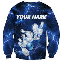 Blue Lightning Bowling Hoodie Sweatshirt with Striking Ball and Pins Graphic and Custom Name Design - Wonder Print Shop