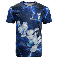 Blue Lightning Bowling Hoodie T Shirt with Striking Ball and Pins Graphic and Custom Name Design - Wonder Print Shop