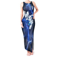 Blue Lightning Bowling Hoodie Tank Maxi Dress with Striking Ball and Pins Graphic and Custom Name Design - Wonder Print Shop