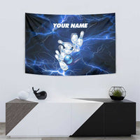 Blue Lightning Bowling Hoodie Tapestry with Striking Ball and Pins Graphic and Custom Name Design - Wonder Print Shop