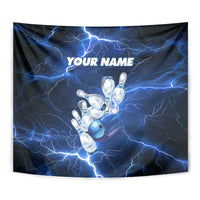 Blue Lightning Bowling Hoodie Tapestry with Striking Ball and Pins Graphic and Custom Name Design - Wonder Print Shop