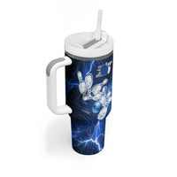 Blue Lightning Bowling Hoodie Tumbler With Handle with Striking Ball and Pins Graphic and Custom Name Design - Wonder Print Shop