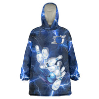 Blue Lightning Bowling Hoodie Wearable Blanket Hoodie with Striking Ball and Pins Graphic and Custom Name Design - Wonder Print Shop