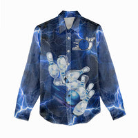Blue Lightning Bowling Hoodie Women Casual Shirt with Striking Ball and Pins Graphic and Custom Name Design - Wonder Print Shop