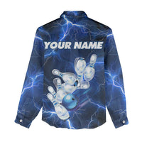 Blue Lightning Bowling Hoodie Women Casual Shirt with Striking Ball and Pins Graphic and Custom Name Design - Wonder Print Shop