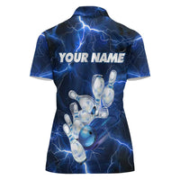 Blue Lightning Bowling Hoodie Women Polo Shirt with Striking Ball and Pins Graphic and Custom Name Design - Wonder Print Shop