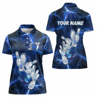 Blue Lightning Bowling Hoodie Women Polo Shirt with Striking Ball and Pins Graphic and Custom Name Design - Wonder Print Shop