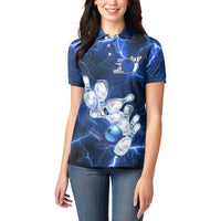 Blue Lightning Bowling Hoodie Women Polo Shirt with Striking Ball and Pins Graphic and Custom Name Design - Wonder Print Shop