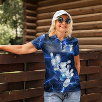 Blue Lightning Bowling Hoodie Women Polo Shirt with Striking Ball and Pins Graphic and Custom Name Design - Wonder Print Shop