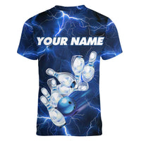 Blue Lightning Bowling Hoodie Women V-Neck T-Shirt with Striking Ball and Pins Graphic and Custom Name Design - Wonder Print Shop