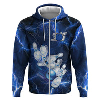 Blue Lightning Bowling Hoodie Zip Hoodie with Striking Ball and Pins Graphic and Custom Name Design - Wonder Print Shop