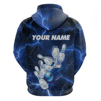 Blue Lightning Bowling Hoodie Zip Hoodie with Striking Ball and Pins Graphic and Custom Name Design - Wonder Print Shop