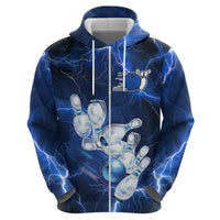 Blue Lightning Bowling Hoodie Zip Hoodie with Striking Ball and Pins Graphic and Custom Name Design - Wonder Print Shop