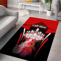 Red Bowling Strike Graphic Area Rug with Pins and Ball and Custom Name Design - Wonder Print Shop