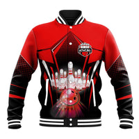 Red Bowling Strike Graphic Baseball Jacket with Pins and Ball and Custom Name Design - Wonder Print Shop