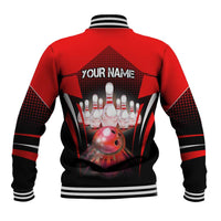 Red Bowling Strike Graphic Baseball Jacket with Pins and Ball and Custom Name Design - Wonder Print Shop