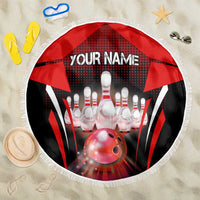Red Bowling Strike Graphic Beach Blanket with Pins and Ball and Custom Name Design - Wonder Print Shop