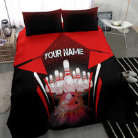 Red Bowling Strike Graphic Bedding Set with Pins and Ball and Custom Name Design - Wonder Print Shop