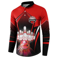 Red Bowling Strike Graphic Button Sweatshirt with Pins and Ball and Custom Name Design - Wonder Print Shop