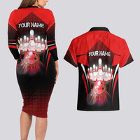 Red Bowling Strike Graphic Couples Matching Long Sleeve Bodycon Dress and Hawaiian Shirt with Pins and Ball and Custom Name Design - Wonder Print Shop