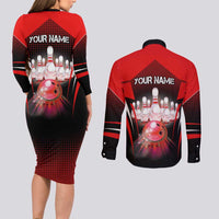 Red Bowling Strike Graphic Couples Matching Long Sleeve Bodycon Dress and Long Sleeve Button Shirt with Pins and Ball and Custom Name Design - Wonder Print Shop