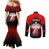 Red Bowling Strike Graphic Couples Matching Mermaid Dress and Long Sleeve Button Shirt with Pins and Ball and Custom Name Design - Wonder Print Shop