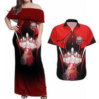Red Bowling Strike Graphic Couples Matching Off Shoulder Maxi Dress and Hawaiian Shirt with Pins and Ball and Custom Name Design - Wonder Print Shop