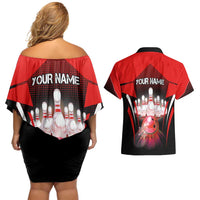 Red Bowling Strike Graphic Couples Matching Off Shoulder Short Dress and Hawaiian Shirt with Pins and Ball and Custom Name Design - Wonder Print Shop