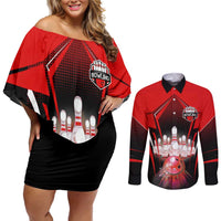 Red Bowling Strike Graphic Couples Matching Off Shoulder Short Dress and Long Sleeve Button Shirt with Pins and Ball and Custom Name Design - Wonder Print Shop