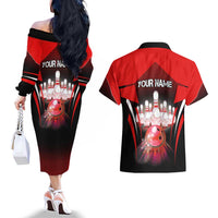 Red Bowling Strike Graphic Couples Matching Off The Shoulder Long Sleeve Dress and Hawaiian Shirt with Pins and Ball and Custom Name Design - Wonder Print Shop