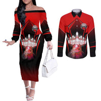 Red Bowling Strike Graphic Couples Matching Off The Shoulder Long Sleeve Dress and Long Sleeve Button Shirt with Pins and Ball and Custom Name Design - Wonder Print Shop