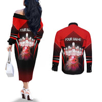 Red Bowling Strike Graphic Couples Matching Off The Shoulder Long Sleeve Dress and Long Sleeve Button Shirt with Pins and Ball and Custom Name Design - Wonder Print Shop