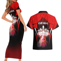 Red Bowling Strike Graphic Couples Matching Short Sleeve Bodycon Dress and Hawaiian Shirt with Pins and Ball and Custom Name Design - Wonder Print Shop