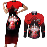 Red Bowling Strike Graphic Couples Matching Short Sleeve Bodycon Dress and Long Sleeve Button Shirt with Pins and Ball and Custom Name Design - Wonder Print Shop