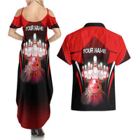 Red Bowling Strike Graphic Couples Matching Summer Maxi Dress and Hawaiian Shirt with Pins and Ball and Custom Name Design - Wonder Print Shop