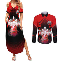Red Bowling Strike Graphic Couples Matching Summer Maxi Dress and Long Sleeve Button Shirt with Pins and Ball and Custom Name Design - Wonder Print Shop