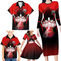Red Bowling Strike Graphic Family Matching Long Sleeve Bodycon Dress and Hawaiian Shirt with Pins and Ball and Custom Name Design - Wonder Print Shop