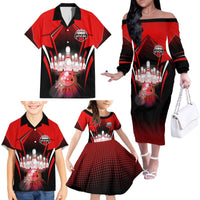 Red Bowling Strike Graphic Family Matching Off The Shoulder Long Sleeve Dress and Hawaiian Shirt with Pins and Ball and Custom Name Design - Wonder Print Shop