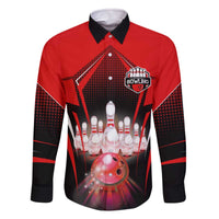 Red Bowling Strike Graphic Family Matching Off The Shoulder Long Sleeve Dress and Hawaiian Shirt with Pins and Ball and Custom Name Design - Wonder Print Shop
