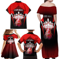 Red Bowling Strike Graphic Family Matching Off Shoulder Maxi Dress and Hawaiian Shirt with Pins and Ball and Custom Name Design - Wonder Print Shop