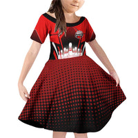 Red Bowling Strike Graphic Family Matching Off Shoulder Short Dress and Hawaiian Shirt with Pins and Ball and Custom Name Design - Wonder Print Shop