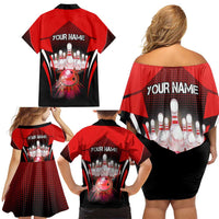Red Bowling Strike Graphic Family Matching Off Shoulder Short Dress and Hawaiian Shirt with Pins and Ball and Custom Name Design - Wonder Print Shop