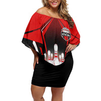 Red Bowling Strike Graphic Family Matching Off Shoulder Short Dress and Hawaiian Shirt with Pins and Ball and Custom Name Design - Wonder Print Shop