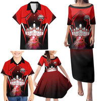 Red Bowling Strike Graphic Family Matching Puletasi and Hawaiian Shirt with Pins and Ball and Custom Name Design - Wonder Print Shop